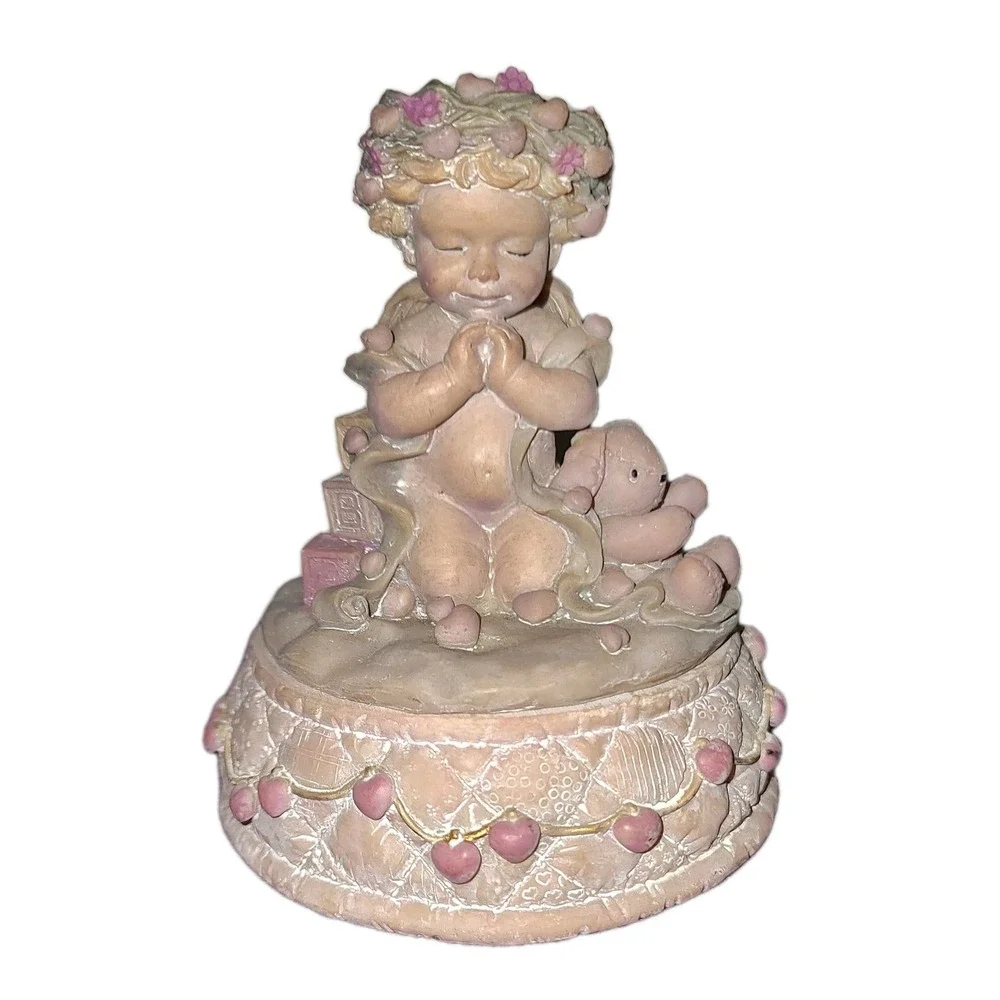 Vintage 1993 Musical Heavenly Angel Wind Up Music Box WBI Inc Cherub Rabbit